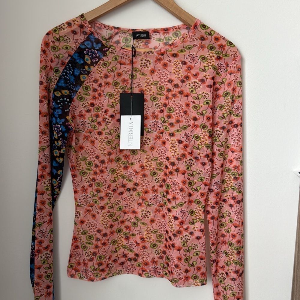 ATLEIN Chic Floral Mesh Long Sleeve Top - Size M